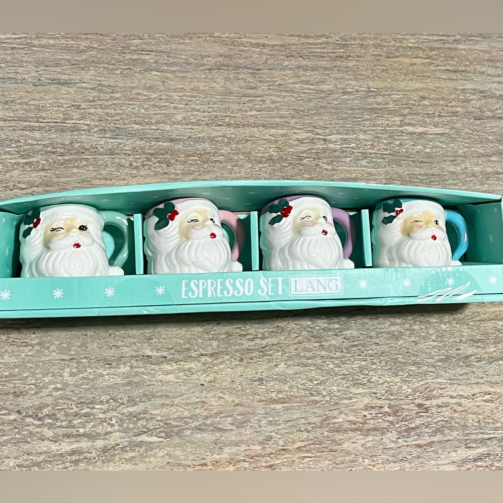 NIB Lang Expresso 4-piece mini Santa winking pastel painted by hand mug set
